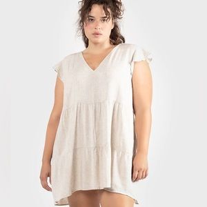 Dex Plus Flutter Sleeve Linen Babydoll Mini Dress in Sand Dollar